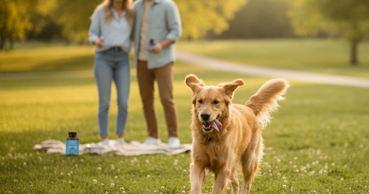 A dog being cared for at home, illustrating liquid vet hip & joint dog supplement: what to know