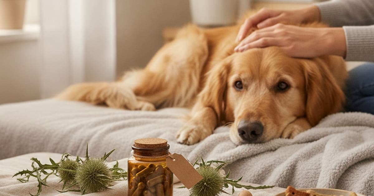 A dog being cared for at home, illustrating milk thistle supplements for dogs
