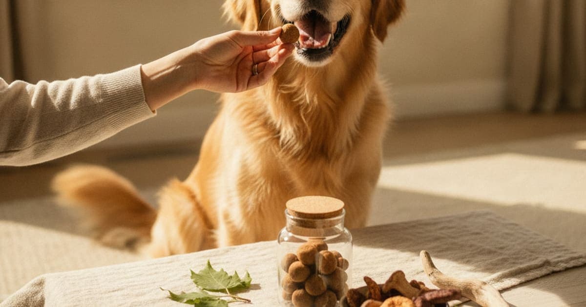 A dog being cared for at home, illustrating are mushroom supplements good for dogs? (what to know)