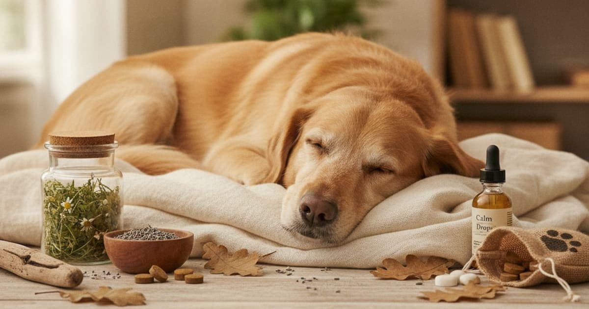 A dog being cared for at home, illustrating natural calming supplements for dogs: how to choose
