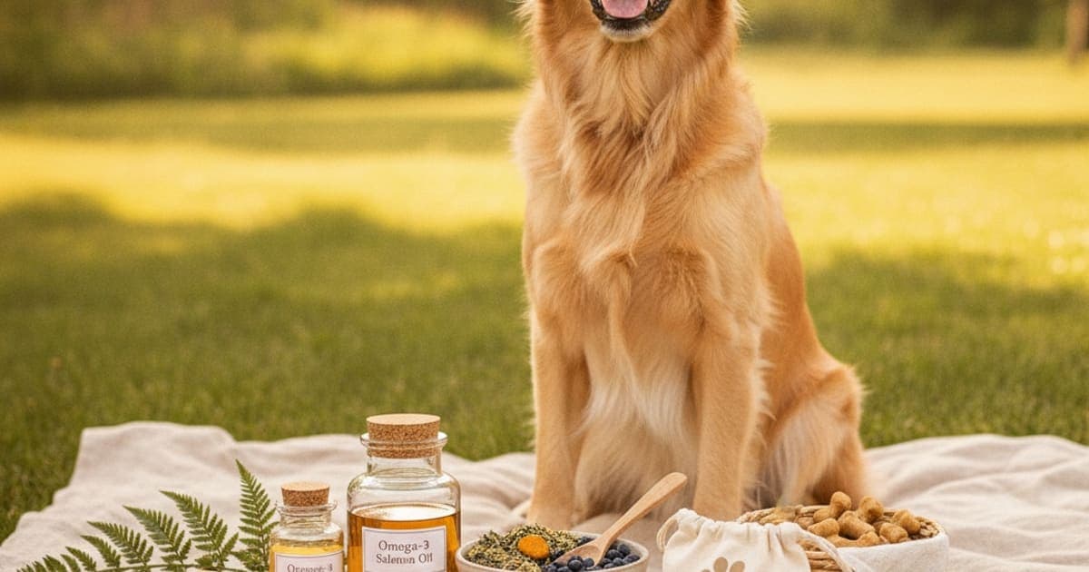 A dog being cared for at home, illustrating natural health supplements for dogs