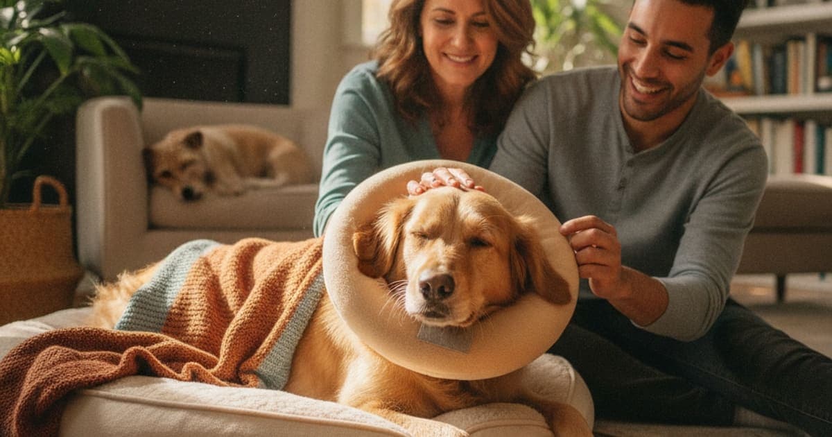 A dog being cared for at home, illustrating neuter recovery in dogs: signs, causes and what helps