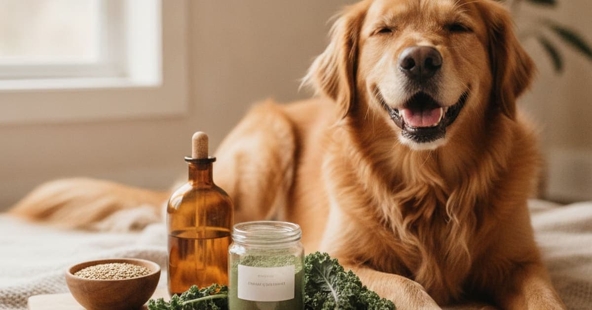 A dog being cared for at home, illustrating organic dog supplements