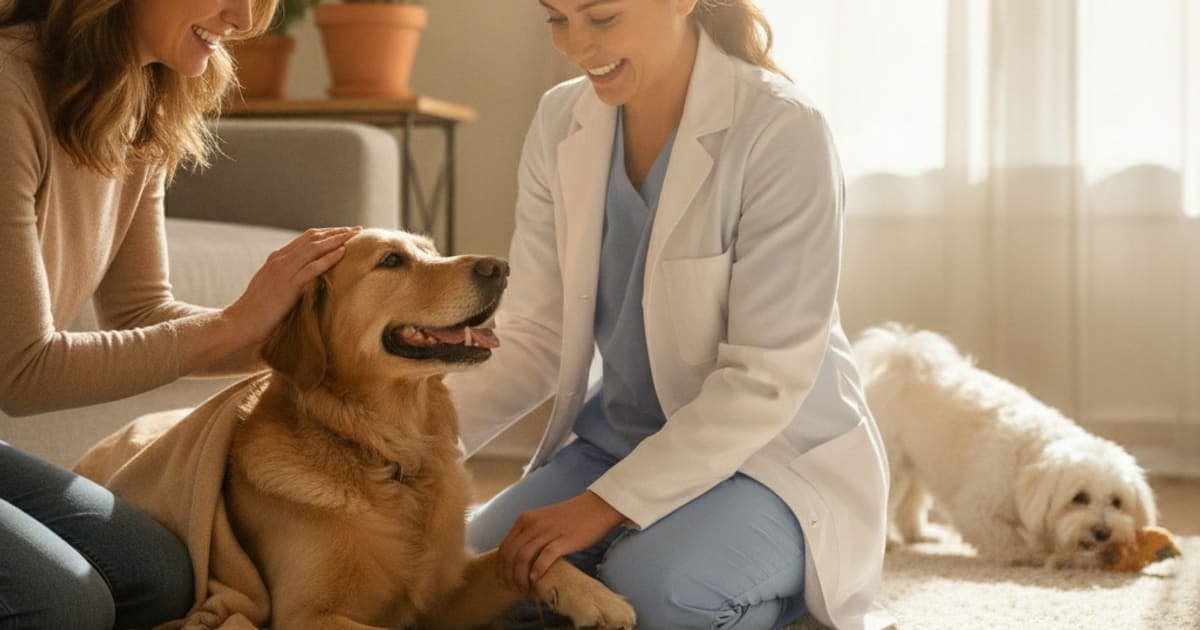 A dog being cared for at home, illustrating osteochondritis dissecans in dogs: signs & what helps