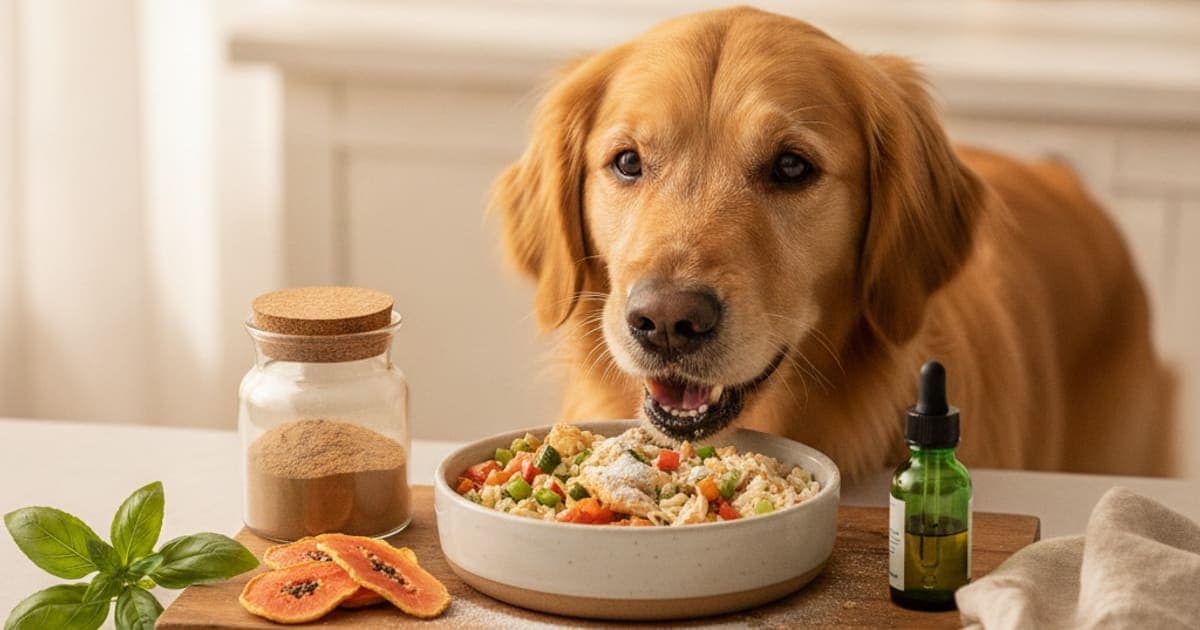A dog being cared for at home, illustrating pancreatic enzyme supplements for dogs: how to choose
