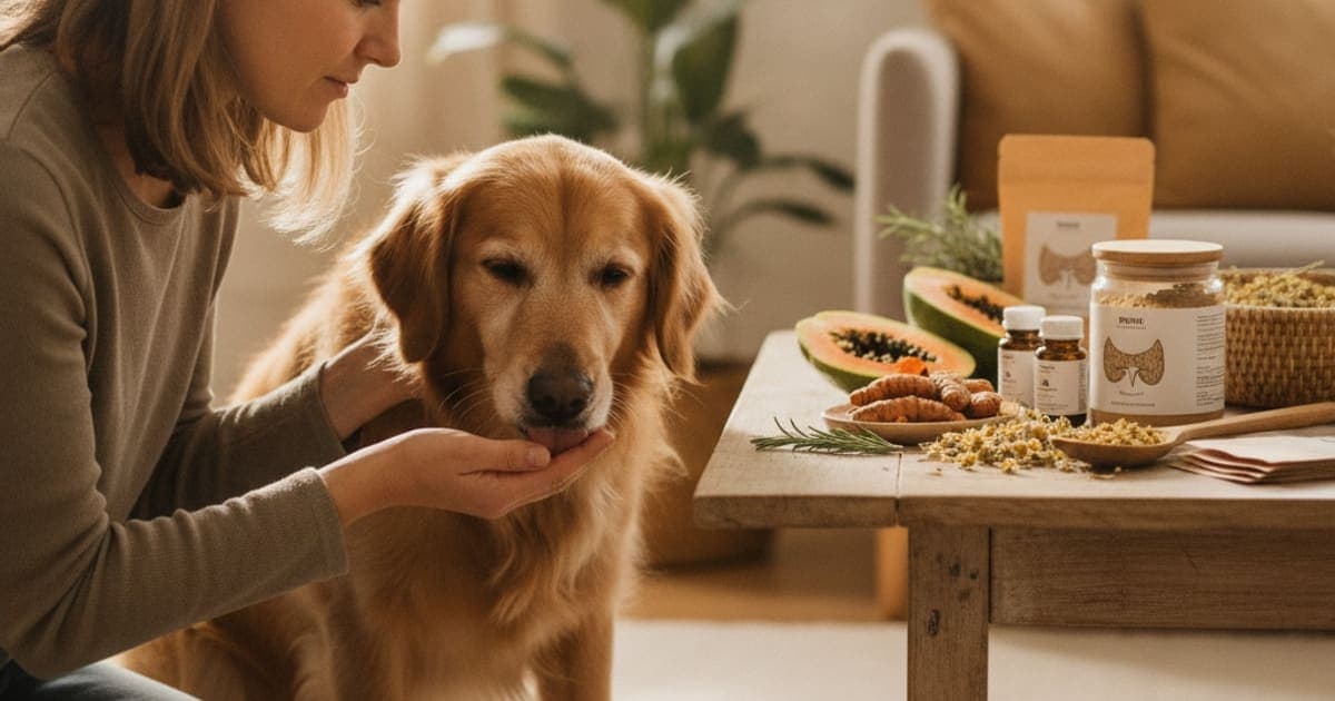 A dog being cared for at home, illustrating pancreatic supplements for dogs