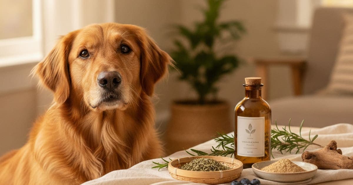 A dog being cared for at home, illustrating peptides for dogs skin, allergies and nerve issues