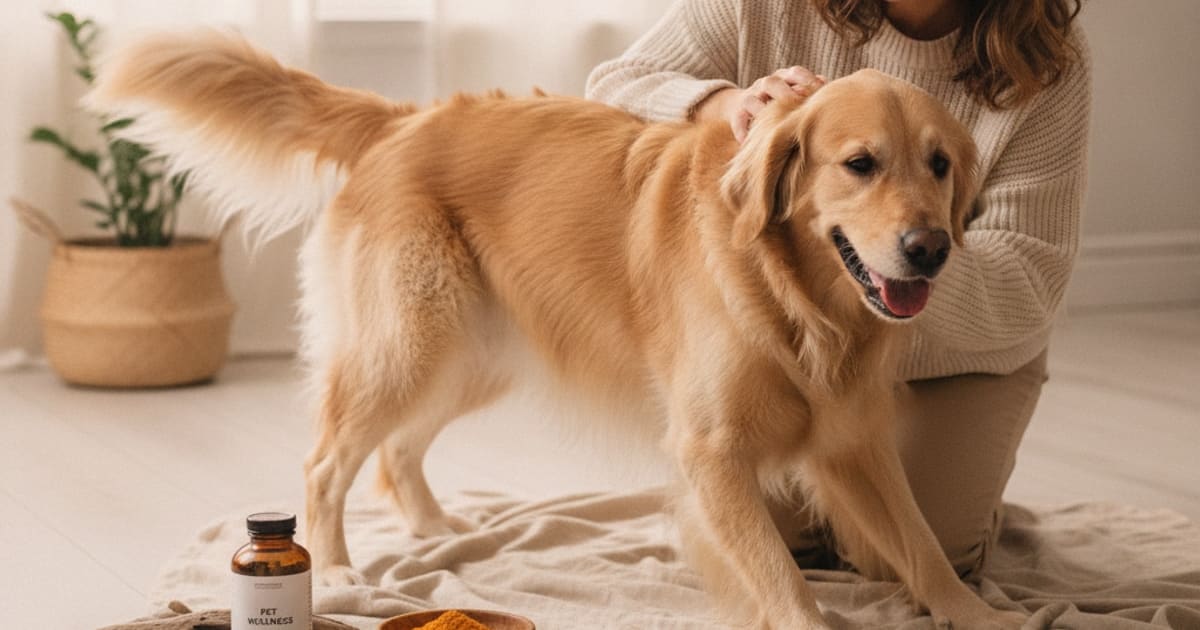 A dog being cared for at home, illustrating pet supplements for dogs