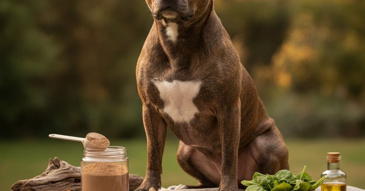 A dog being cared for at home, illustrating pitbull supplements for muscle building
