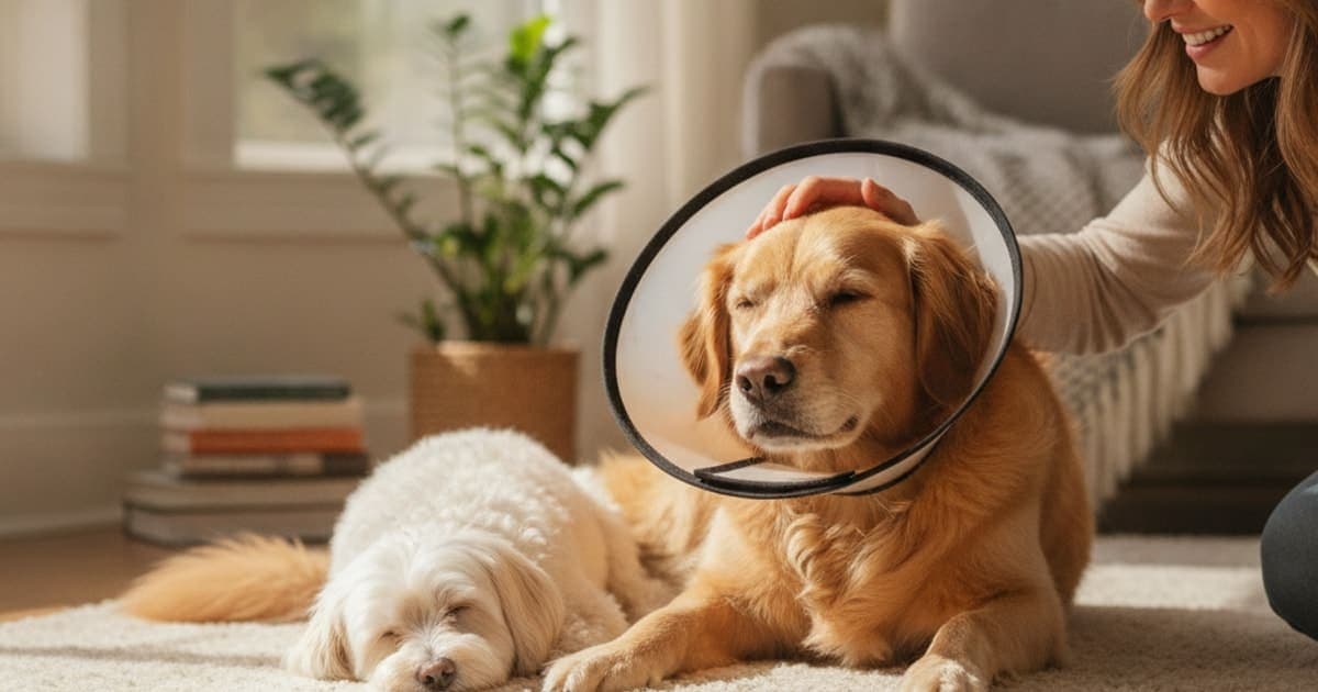 A dog being cared for at home, illustrating post-surgical recovery in dogs: signs, causes, support