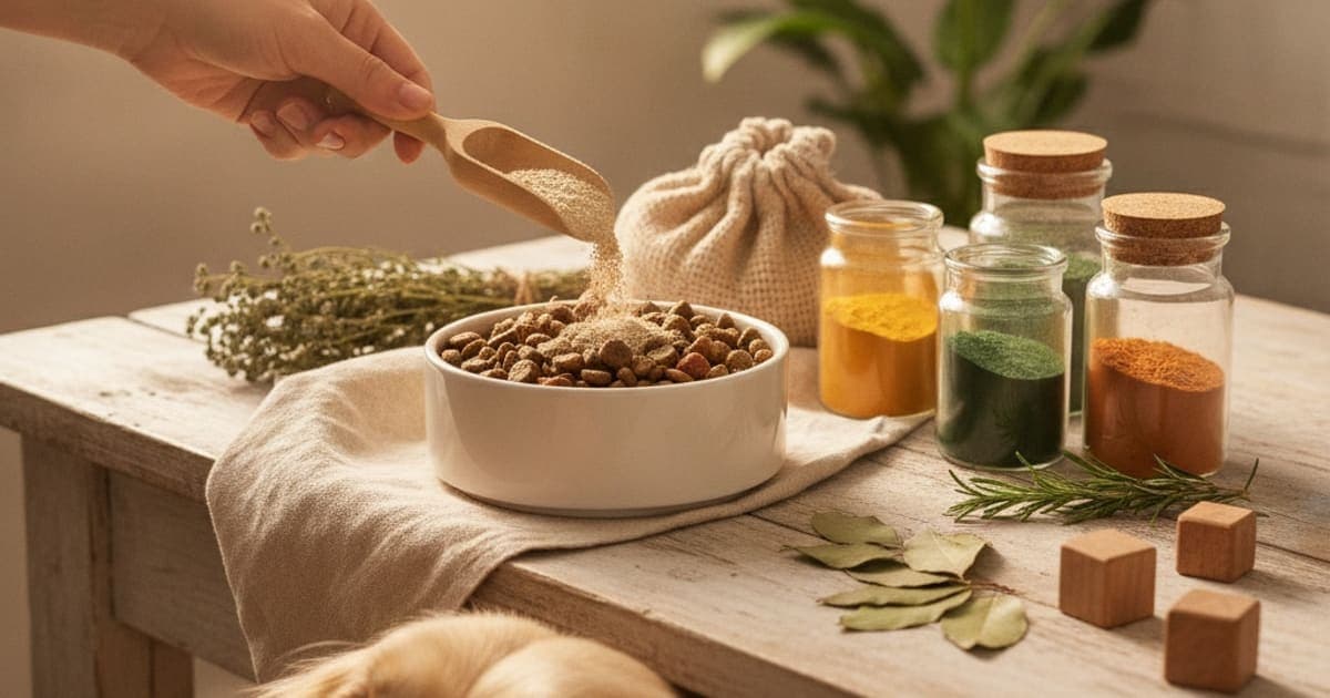 A dog being cared for at home, illustrating powdered supplements for dogs