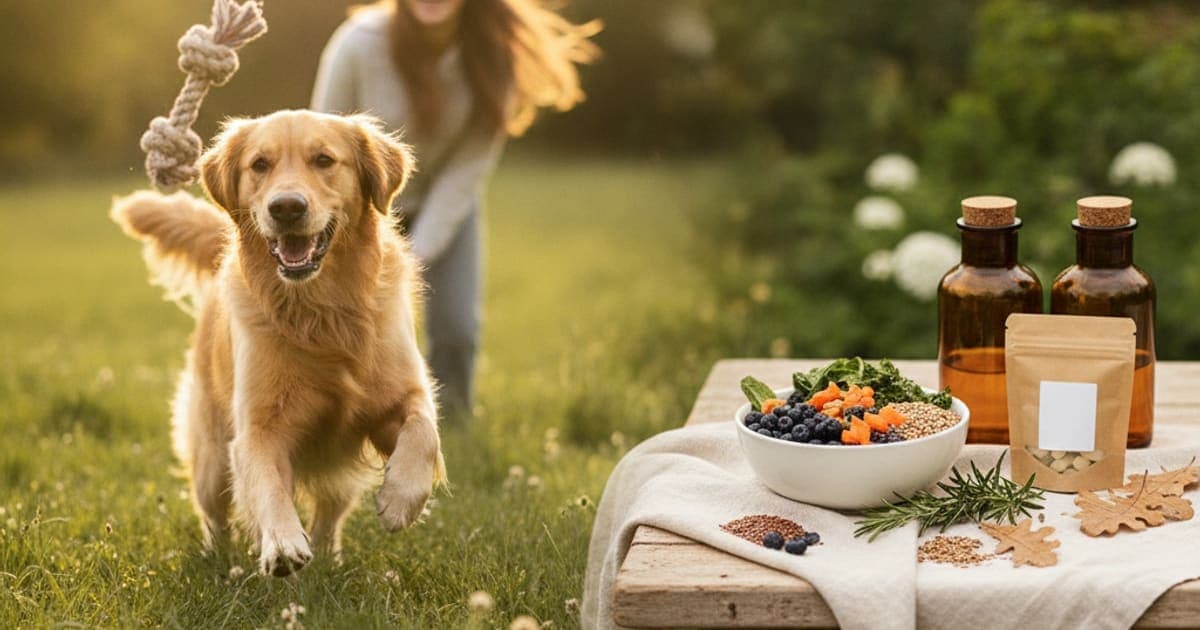 A dog being cared for at home, illustrating premium dog supplements