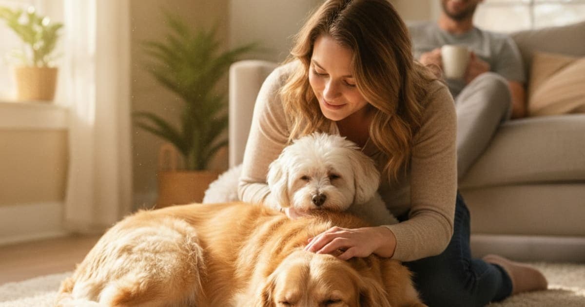 A dog being cared for at home, illustrating purina pro plan calming care for dogs: what's inside