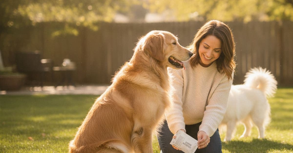 A dog being cared for at home, illustrating purina pro plan fortiflora dog probiotic explained