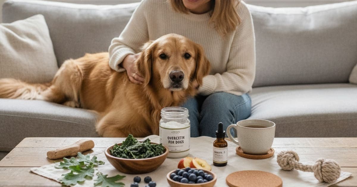 A dog being cared for at home, illustrating quercetin supplements for dogs: what they support