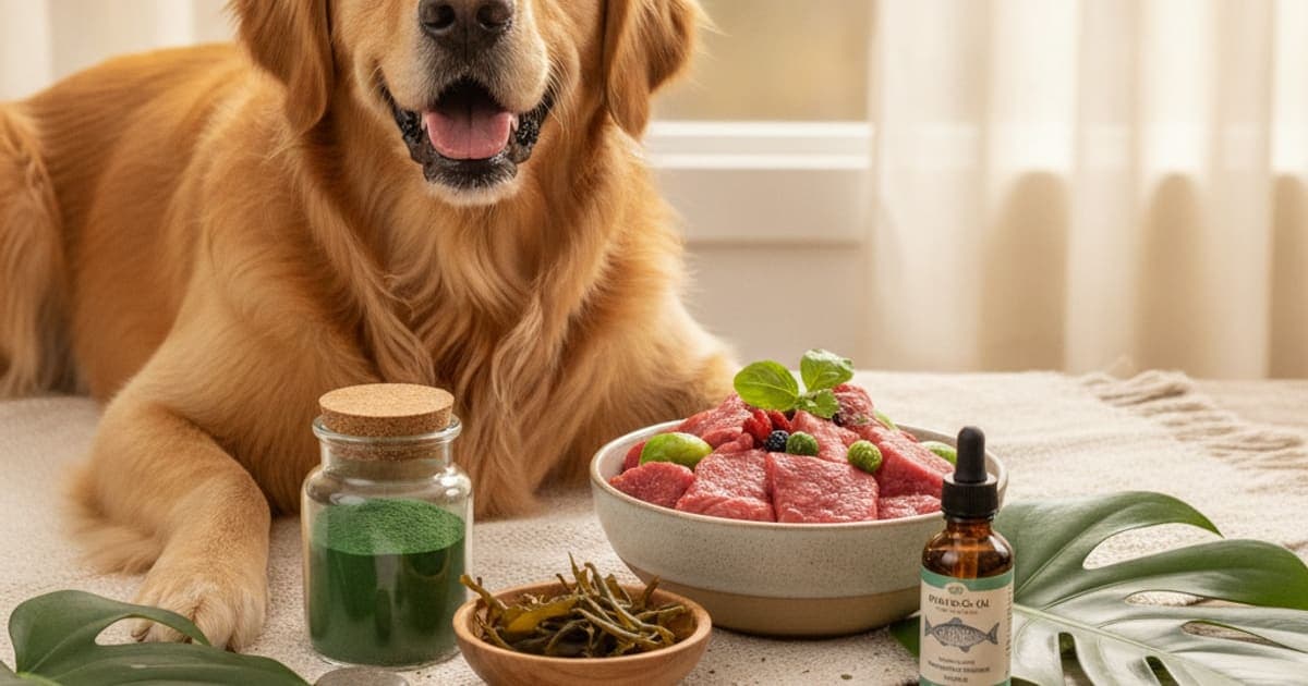 A dog being cared for at home, illustrating raw dog food supplements