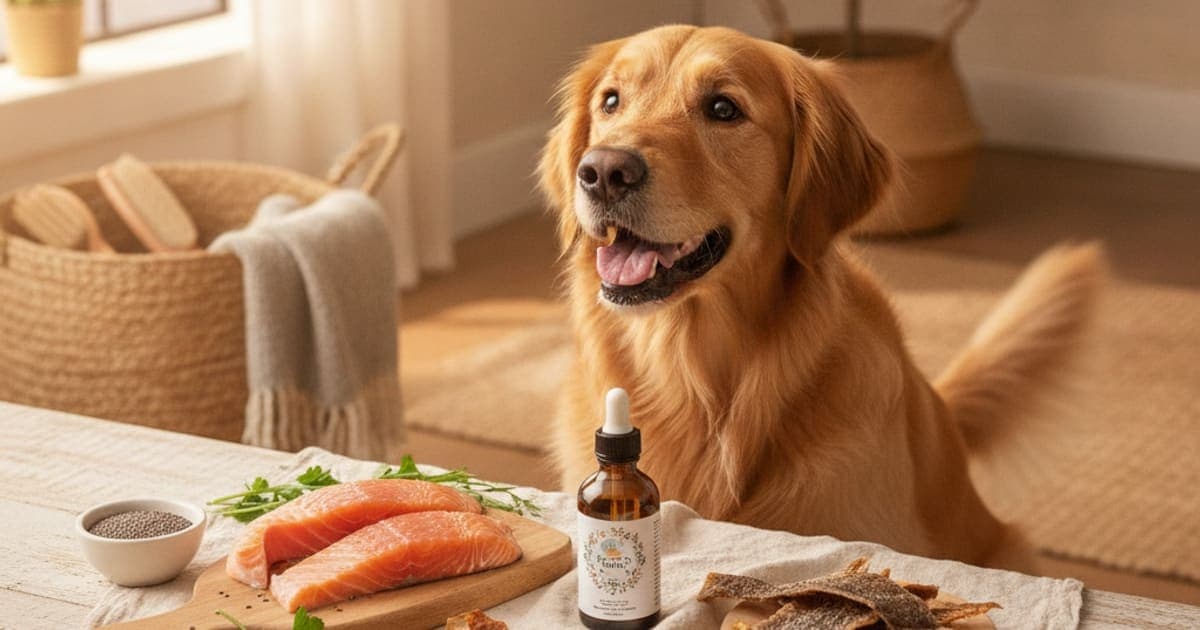 A dog being cared for at home, illustrating salmon supplements for dogs