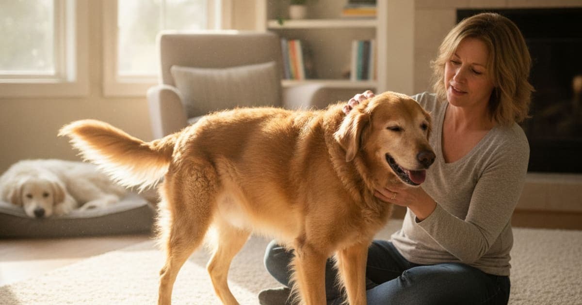 A dog being cared for at home, illustrating sarcopenia in dogs: signs, causes and what helps