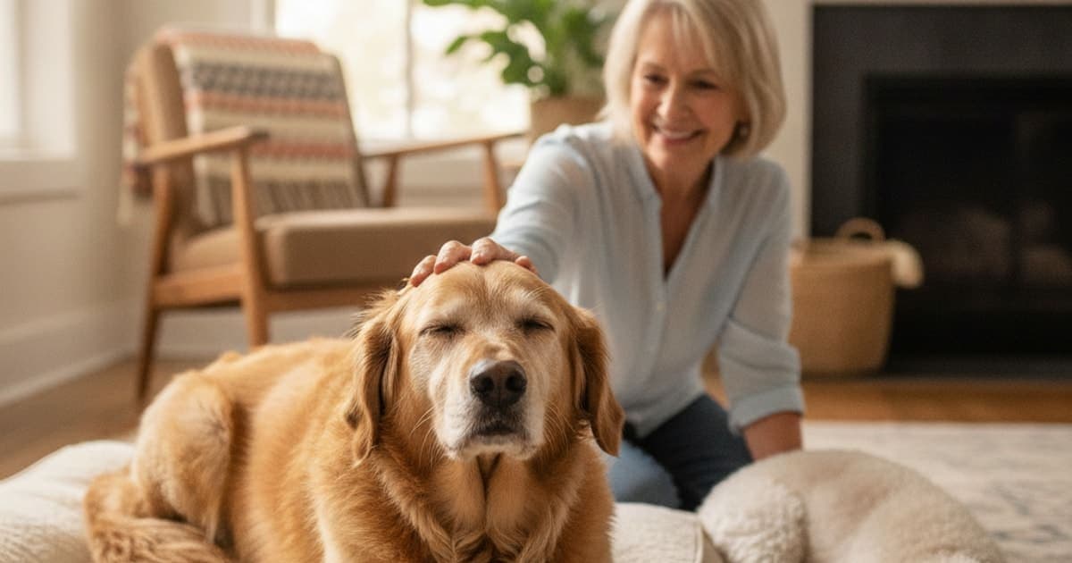 A dog being cared for at home, illustrating senior dog care near me