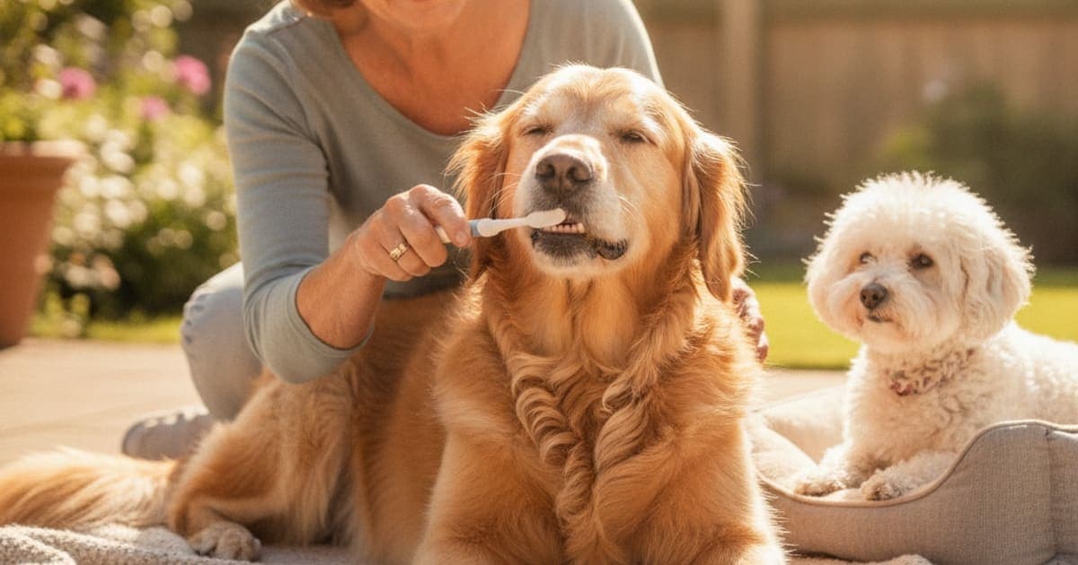 A dog being cared for at home, illustrating senior dog dental care
