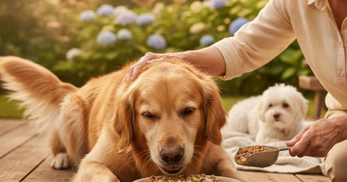 A dog being cared for at home, illustrating senior dog food joint health