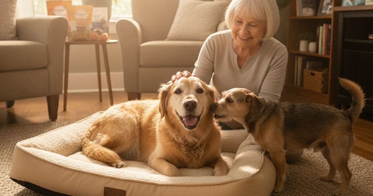A dog being cared for at home, illustrating senior dog incontinence products: beds, pads & chews