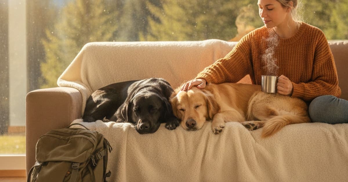 A dog being cared for at home, illustrating should i worry if my dog is sore after hiking? (red flags)