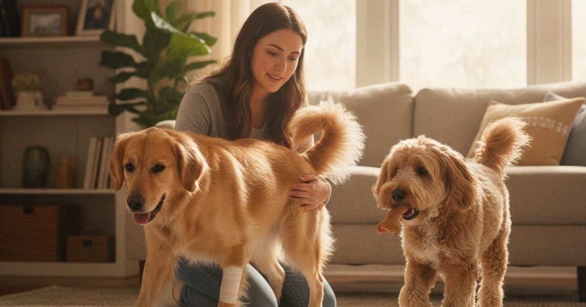 A dog being cared for at home, illustrating dog limping after surgery: should you worry