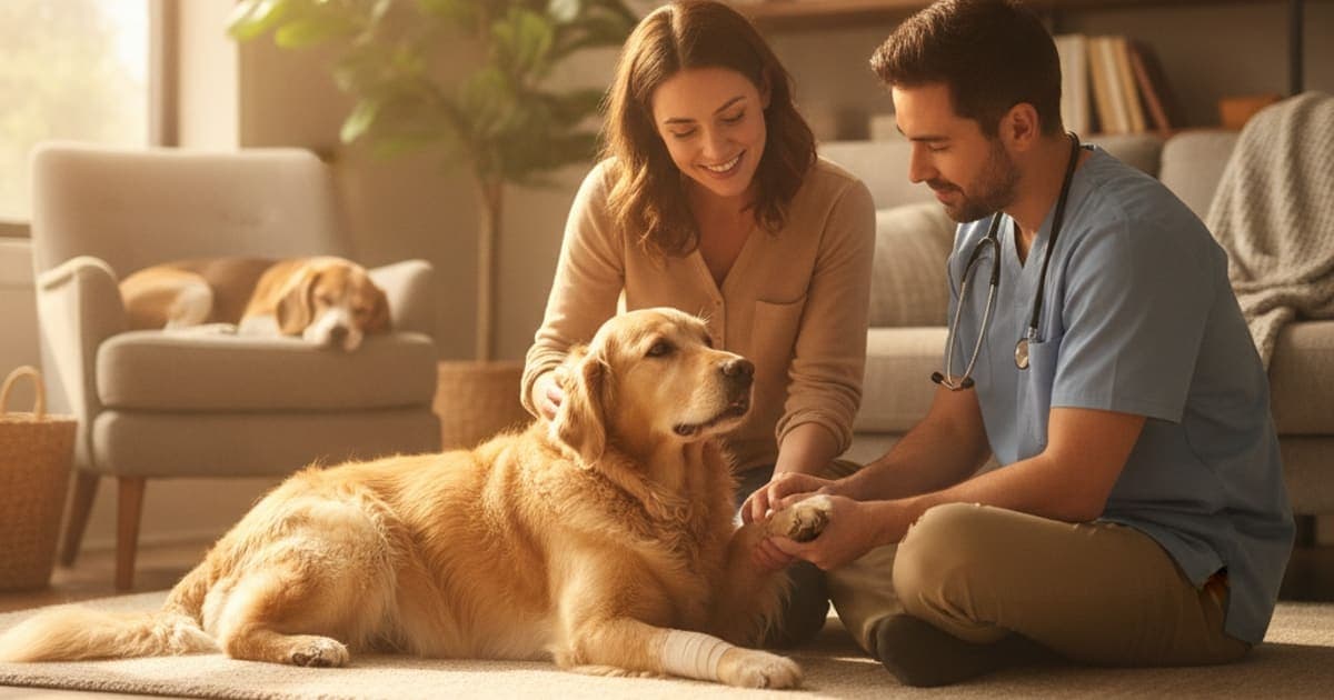A dog being cared for at home, illustrating soft tissue injury in dogs: signs, causes and what helps