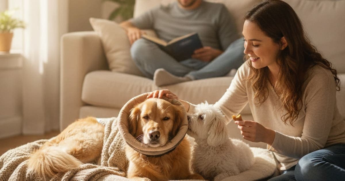 A dog being cared for at home, illustrating spay recovery in dogs: signs, causes and what helps