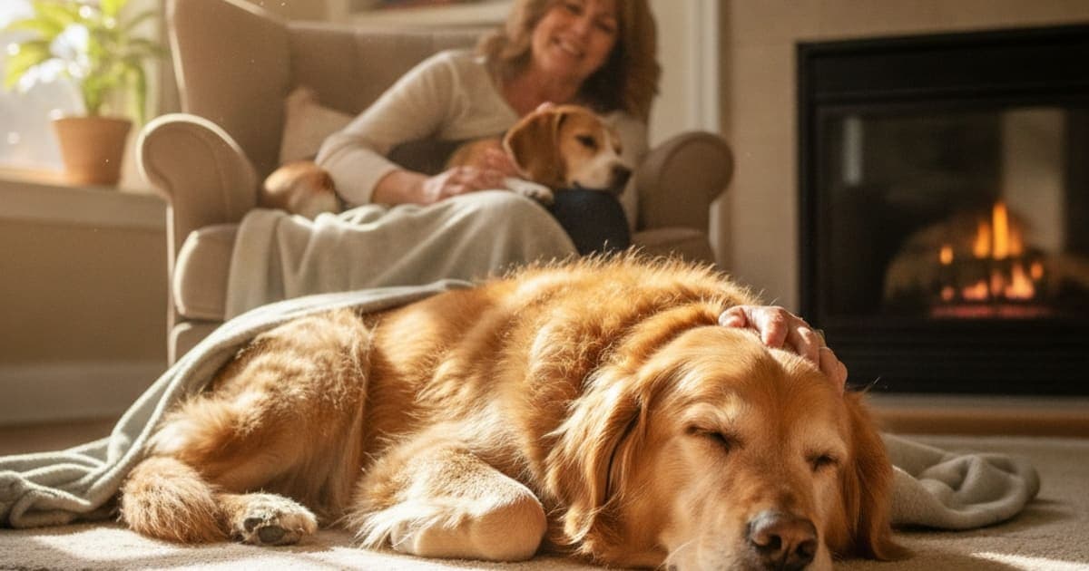 A dog being cared for at home, illustrating spondylosis in dogs: signs, causes and what helps