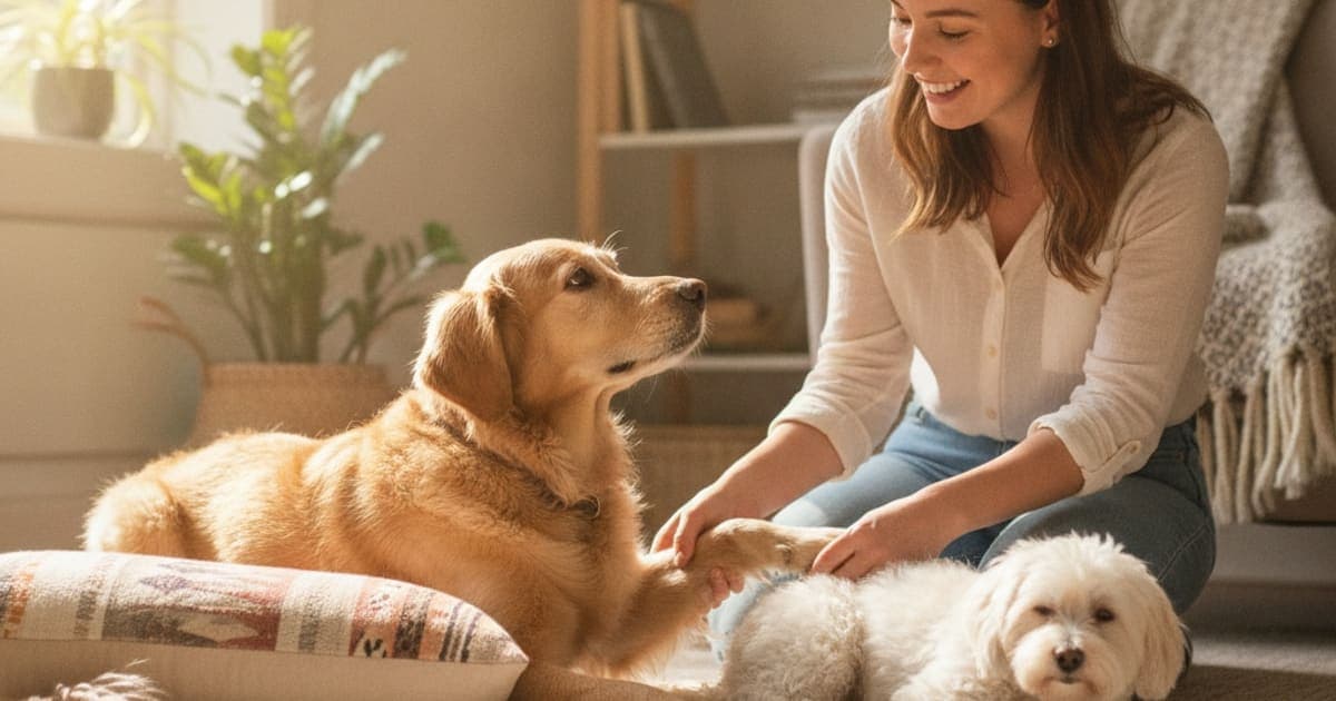 A dog being cared for at home, illustrating sprained leg in dogs: signs, causes and what helps