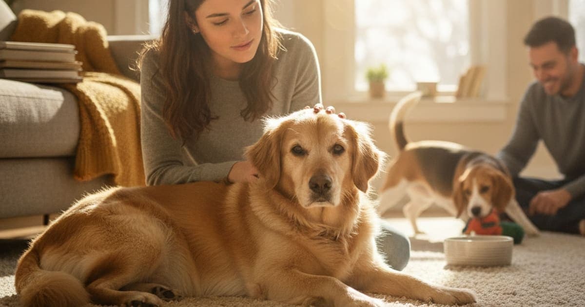 A dog being cared for at home, illustrating stomach ulcers in dogs: signs, causes and what helps
