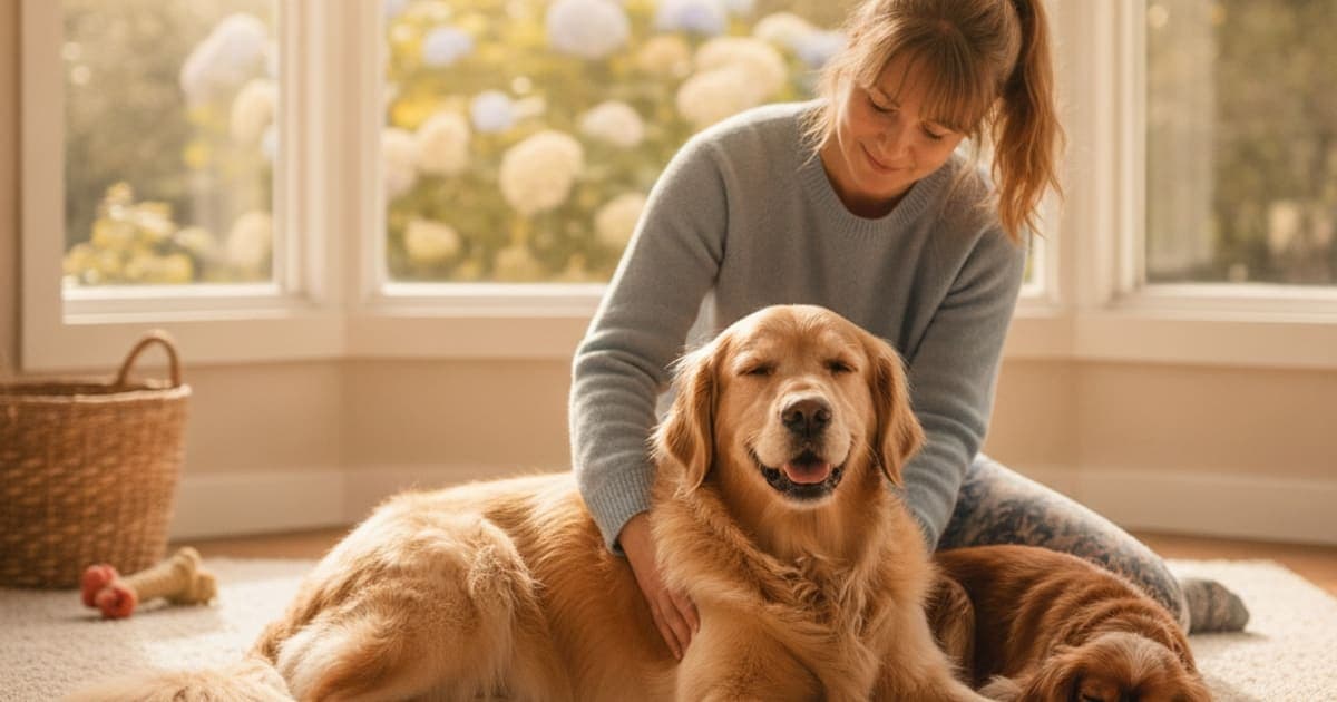 A dog being cared for at home, illustrating stretch a dog with hip dysplasia (safe steps)