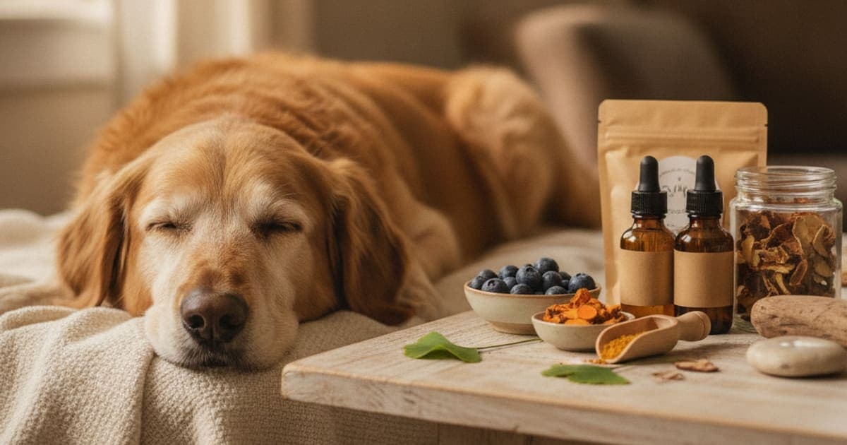 A dog being cared for at home, illustrating supplements for cognitive dysfunction in dogs explained