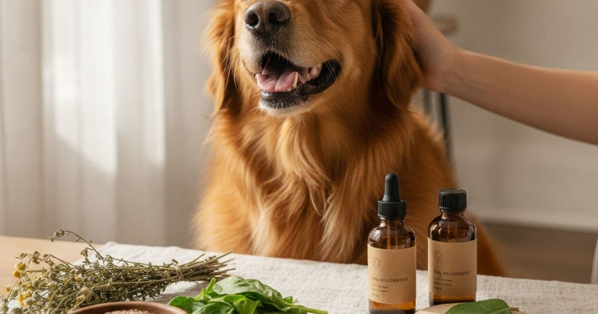 A dog being cared for at home, illustrating supplements for dog hair loss
