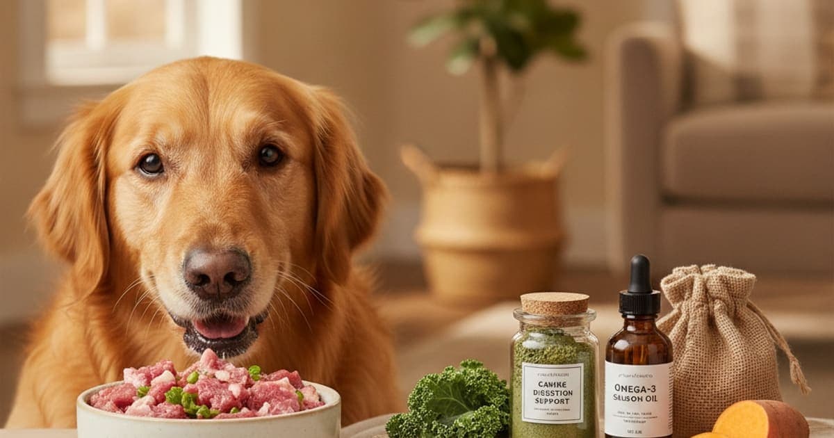 A dog being cared for at home, illustrating supplements for dogs on a raw diet