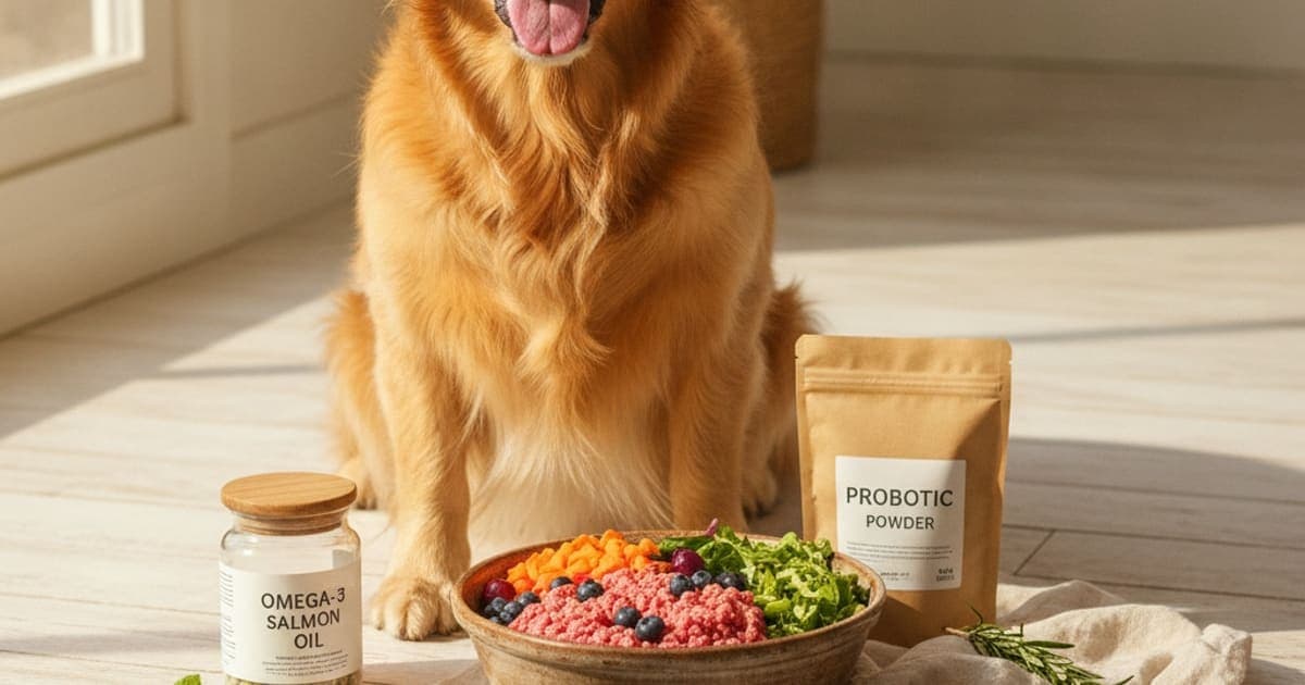 A dog being cared for at home, illustrating supplements for dogs on raw food diet