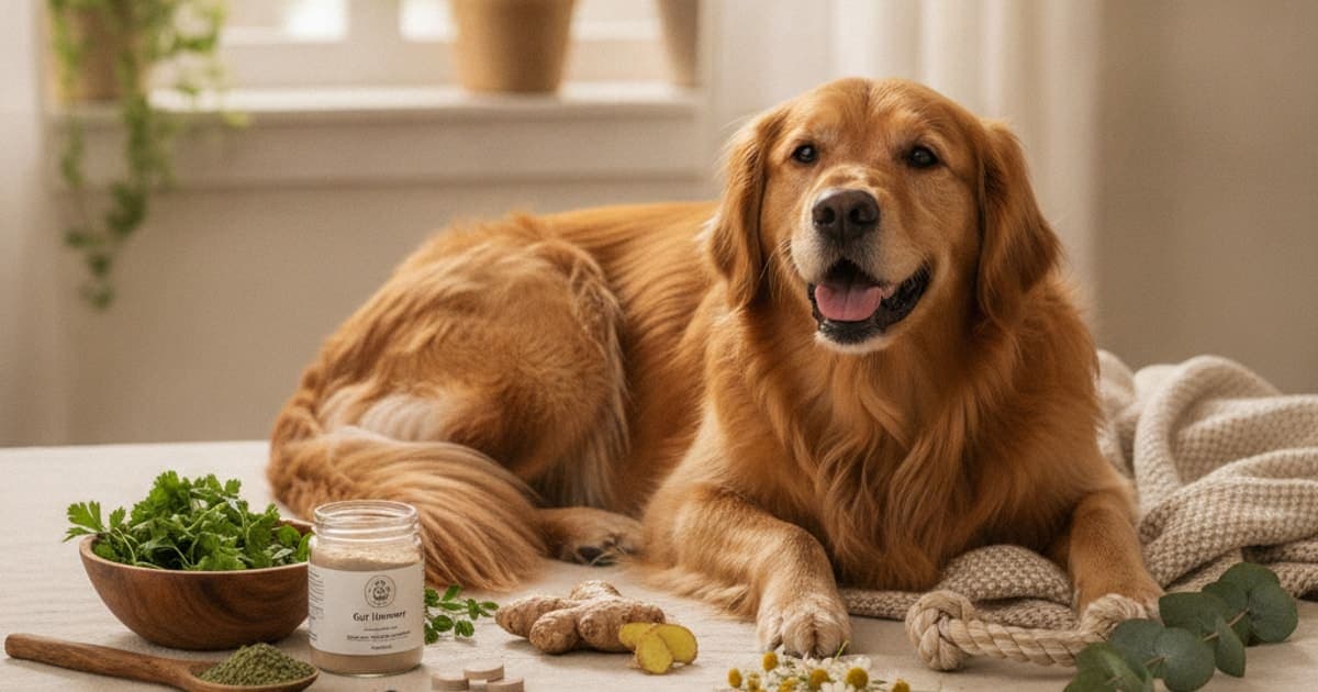 A dog being cared for at home, illustrating supplements for dogs that eat poop