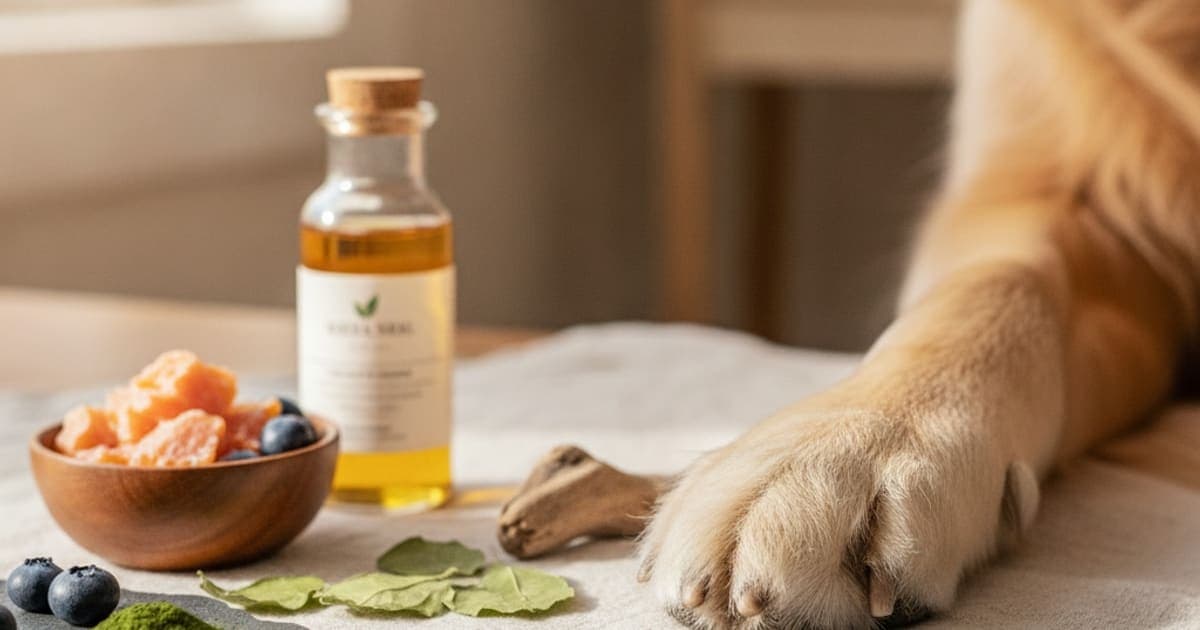 A dog being cared for at home, illustrating supplements for dogs with brittle nails