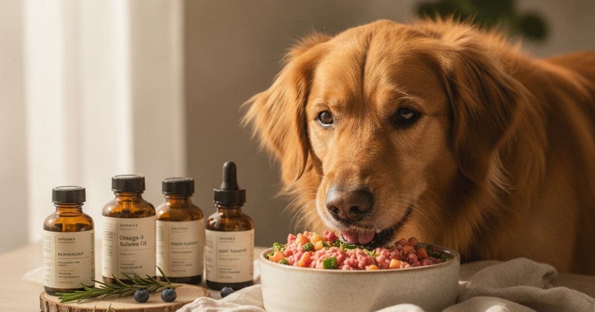 A dog being cared for at home, illustrating supplements for raw dog food diet