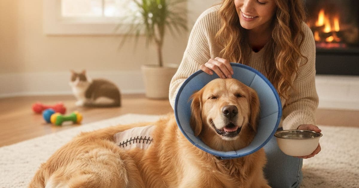 A dog being cared for at home, illustrating surgical incision healing in dogs: signs and support