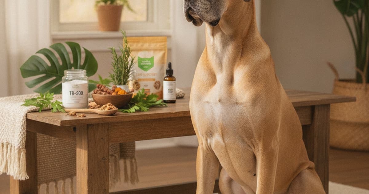 A dog being cared for at home, illustrating tb-500 dose for giant breeds