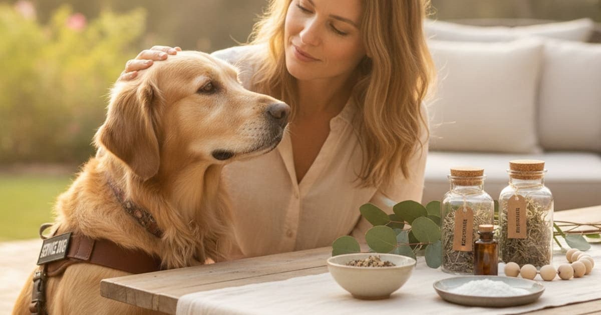 A dog being cared for at home, illustrating tb-500 for service dogs: working-dog recovery support