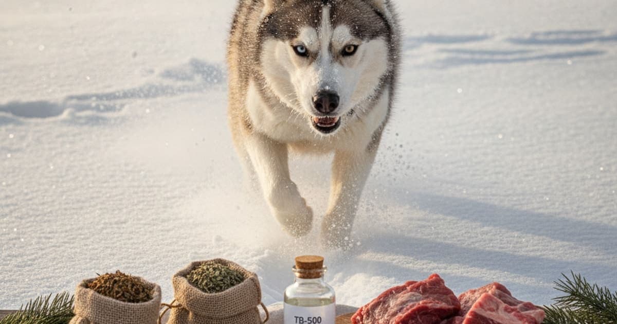 A dog being cared for at home, illustrating tb-500 for sled dogs