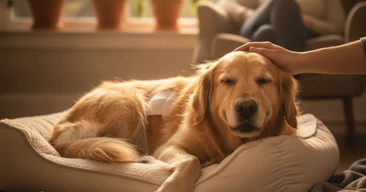 A dog being cared for at home, illustrating tb-500 for spay recovery in dogs: does it work