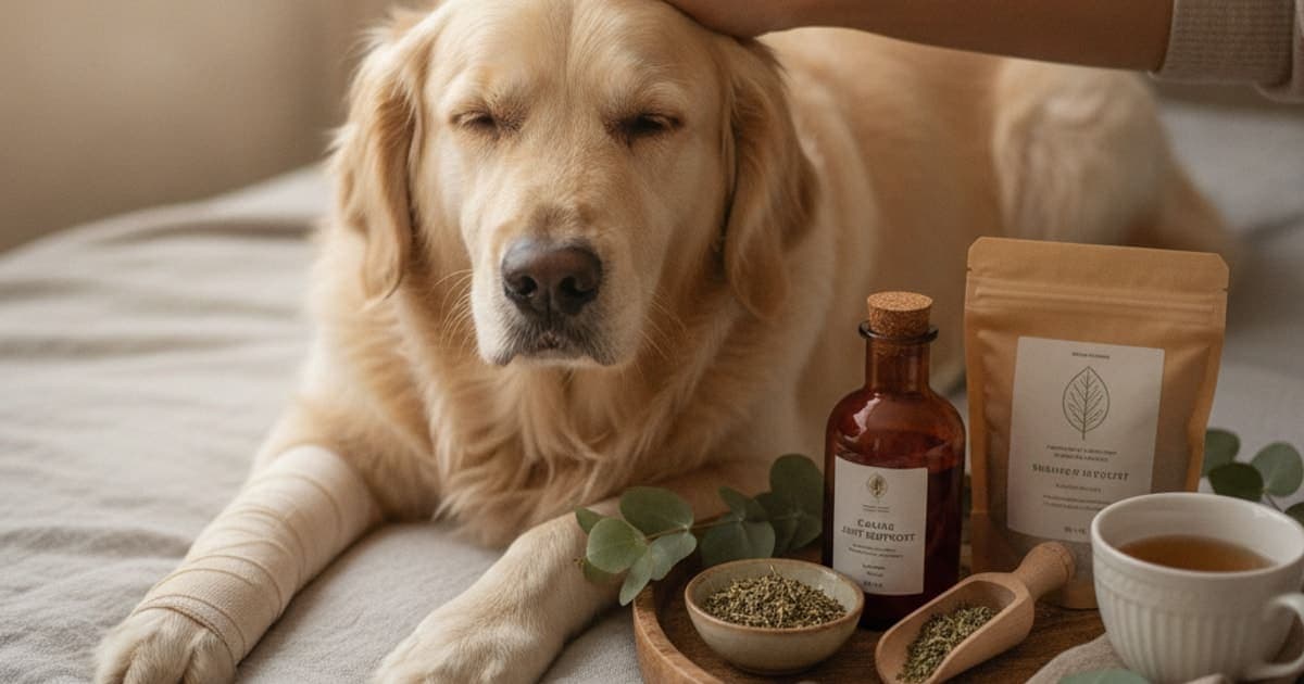 A dog being cared for at home, illustrating tb-500 for sprained leg in dogs: does it work