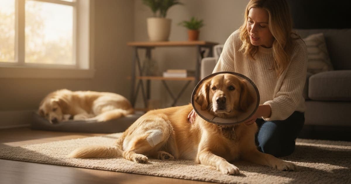A dog being cared for at home, illustrating tb-500 for tplo recovery in dogs: does it work