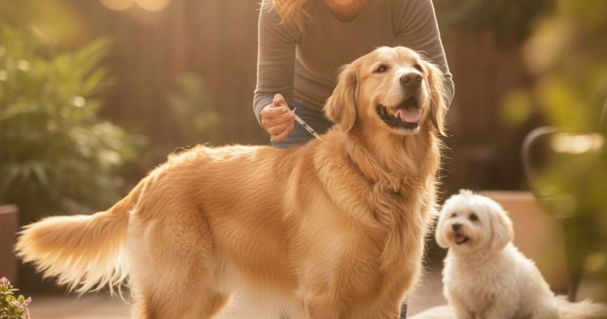 A dog being cared for at home, illustrating tb-500: injecting a large dog alone