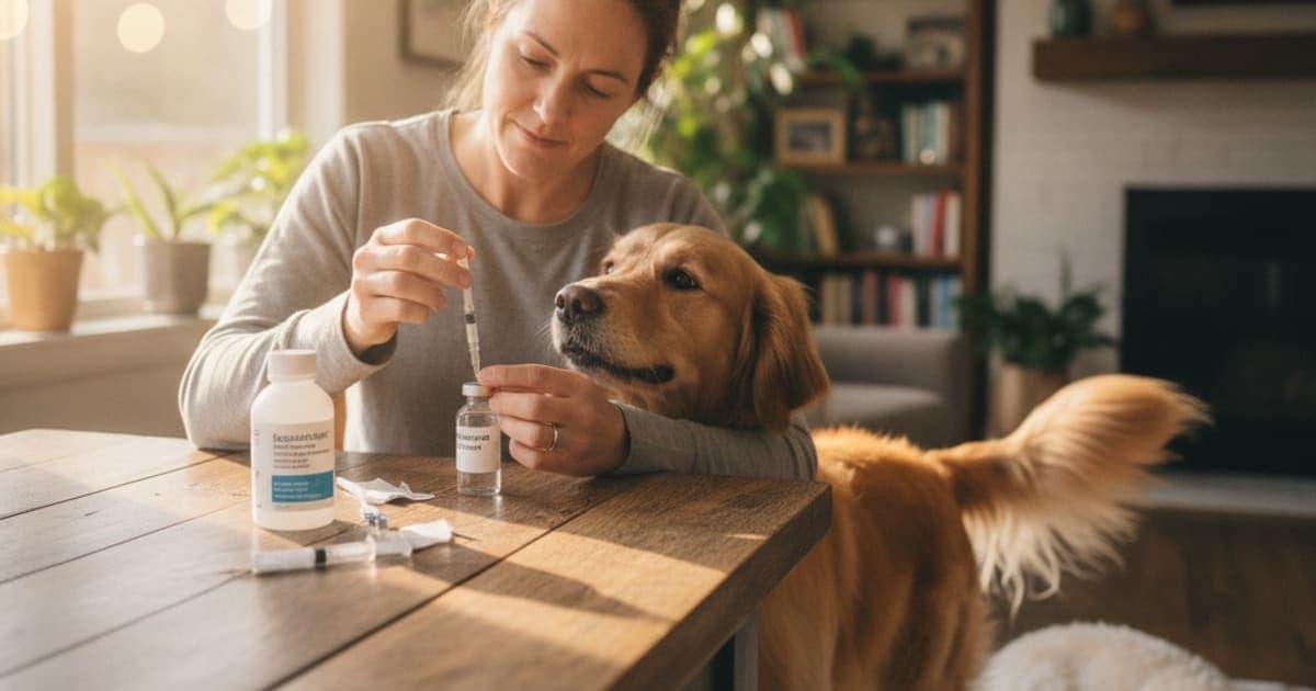 A dog being cared for at home, illustrating tb-500 reconstituting step by step for dogs
